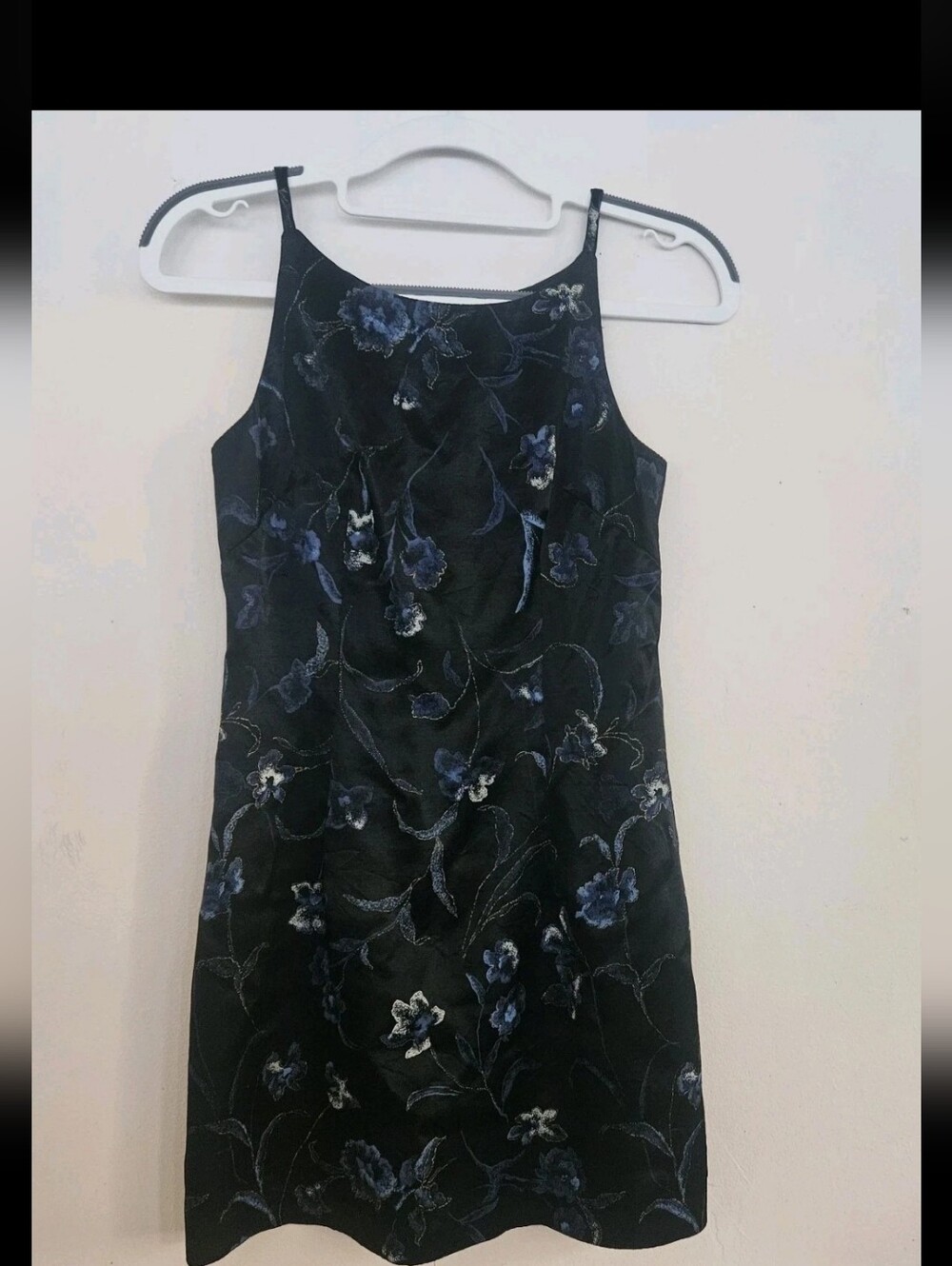Vintage 90s All That Jazz Floral Embroidered Halter Dress Black Blue Metallic